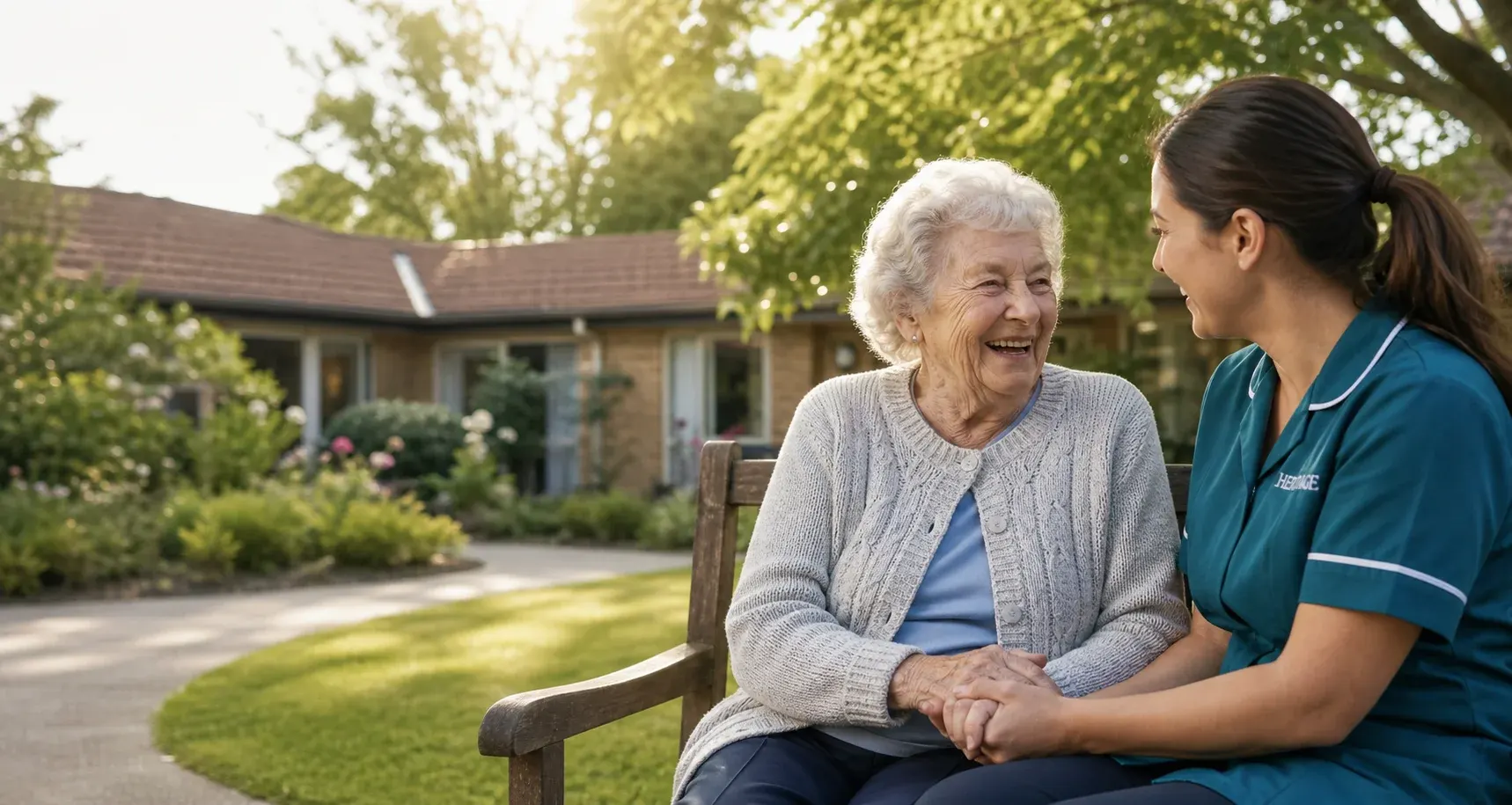 A smiling resident holding hands with her caregiver on a garden bench